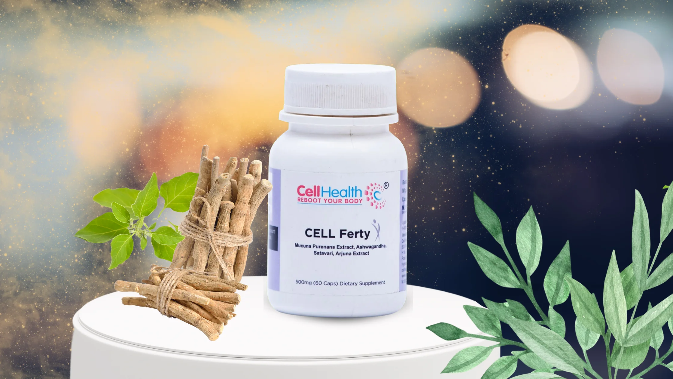 Illustration of glowing healthy human cells surrounded by natural supplements, symbolizing cellular repair and overall wellness.