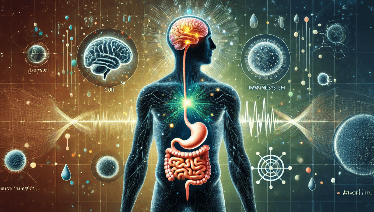 Human body illustration showing gut, brain, and immune system connection, highlighting the link between gut health and immunity