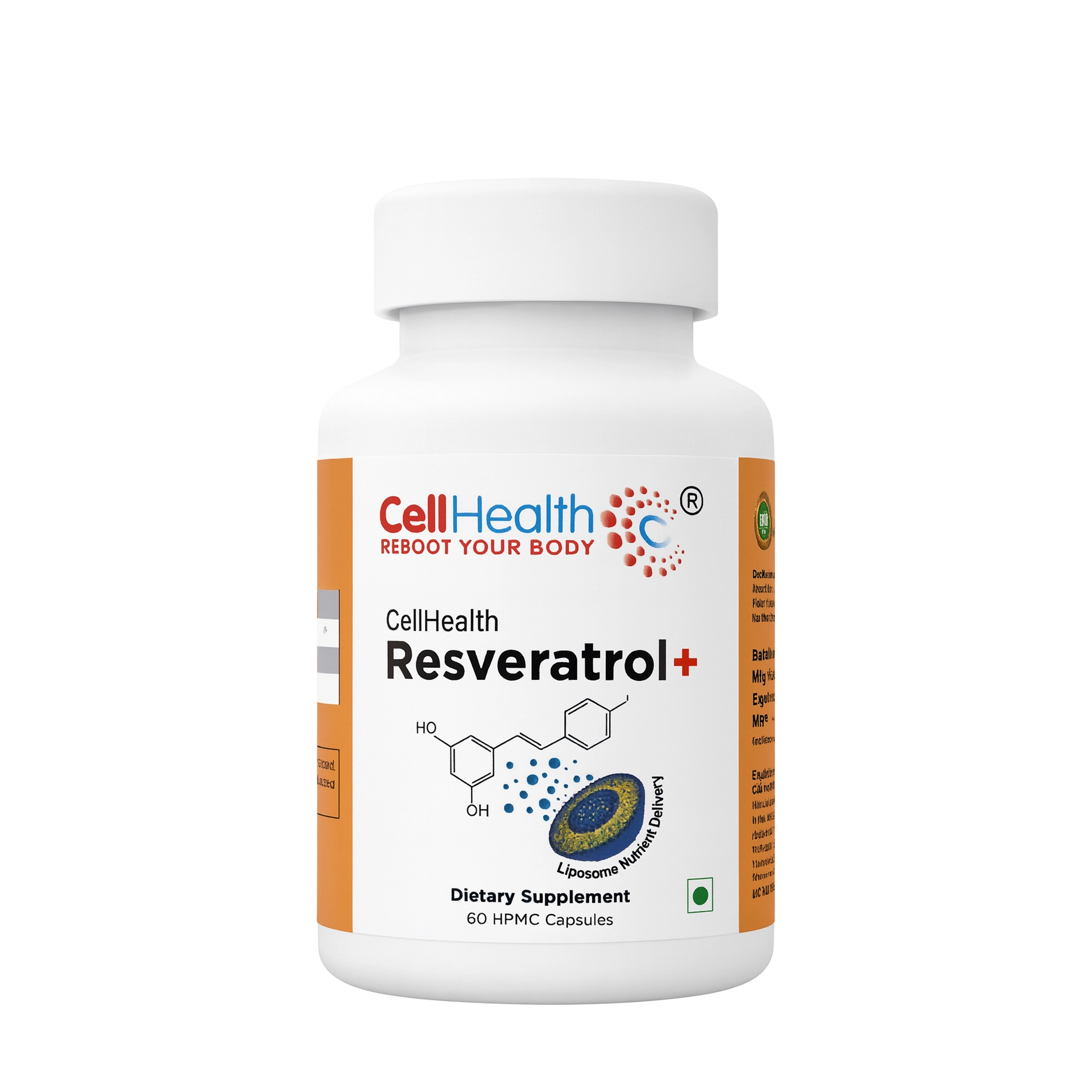 CellHealth Resveratrol+ dietary supplement bottle with 60 vegetarian HPMC capsules, antioxidant support formula.