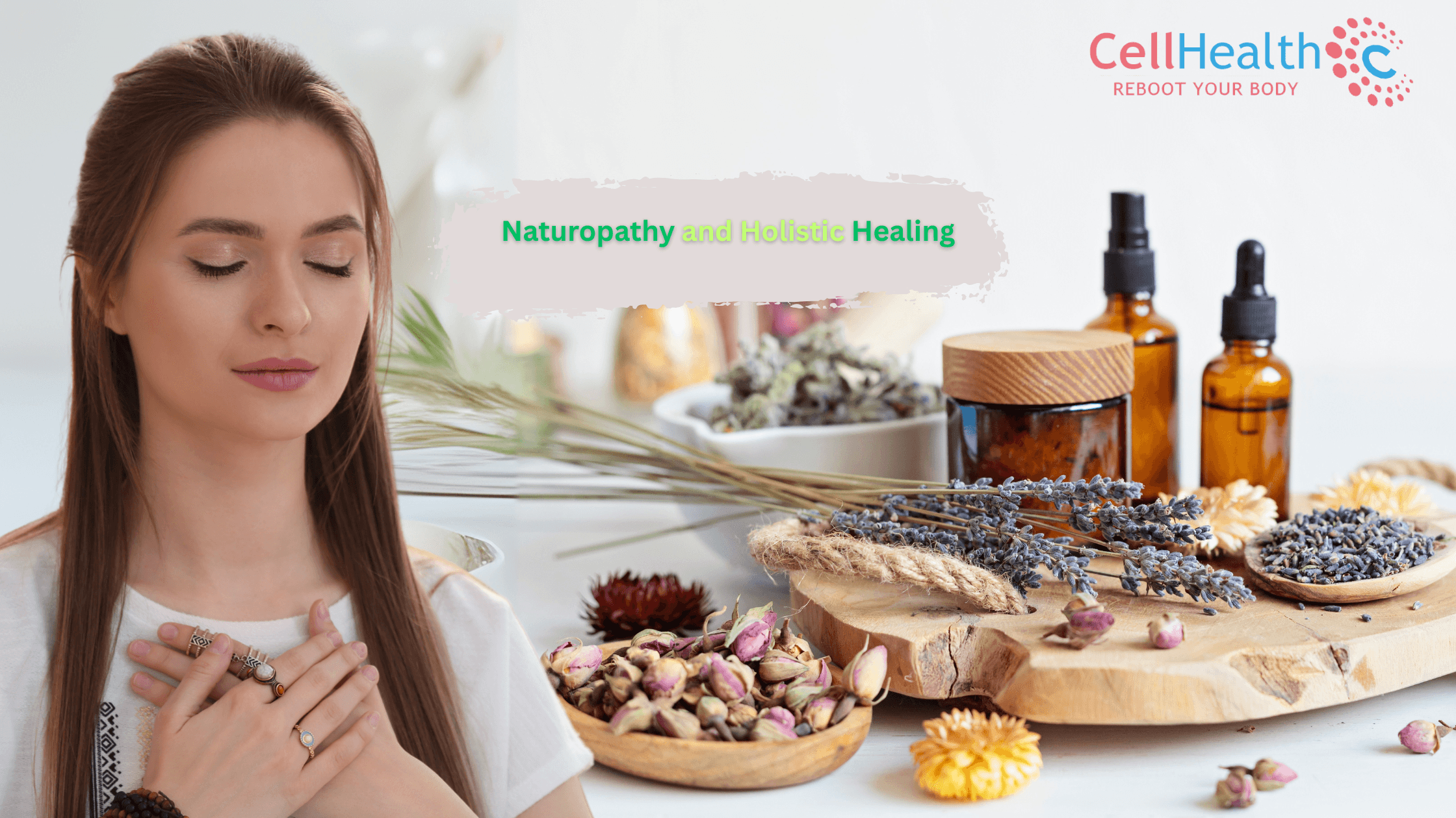 Peaceful woman meditating with herbal naturopathy products – promoting holistic healing with CellHealth