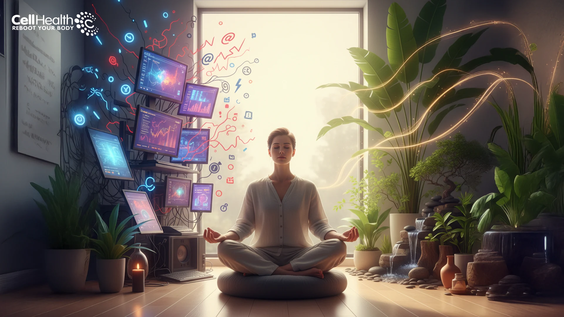 A person practicing naturopathic wellness through meditation, balanced lifestyle habits, and reduced screen time to manage modern stress.